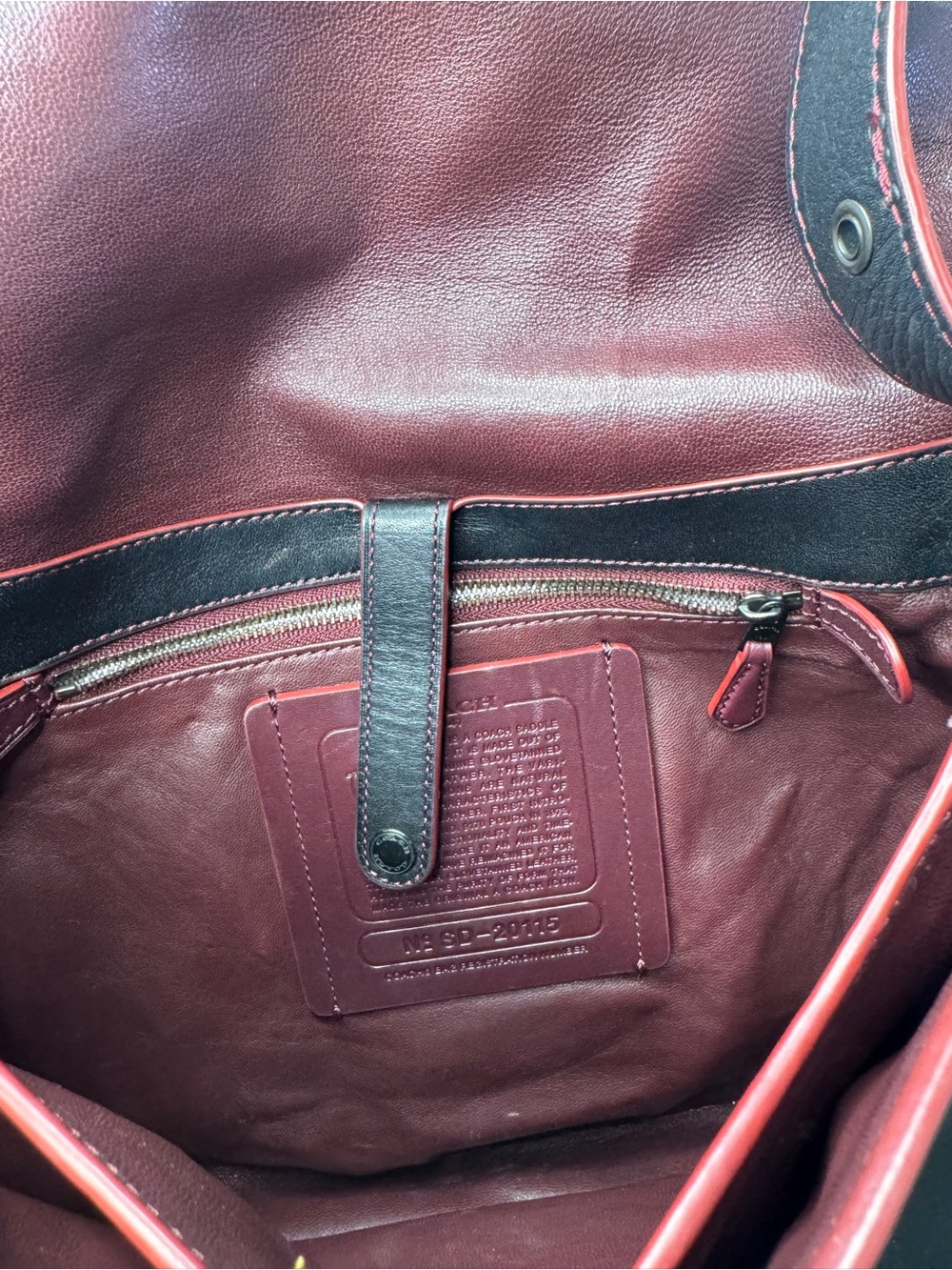 Coach 1941 Black Leather Crossbody large Saddle Bag with Oxblood Red Accents. - Picture 5 of 10